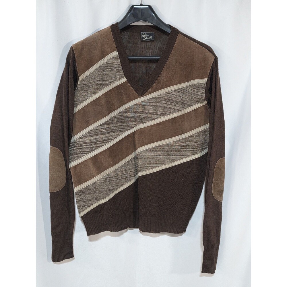 VTG 70s 80s Alan Stuart V Neck Sweater Genuine Suede Leather Patch Trim Mens Med - Picture 2 of 11
